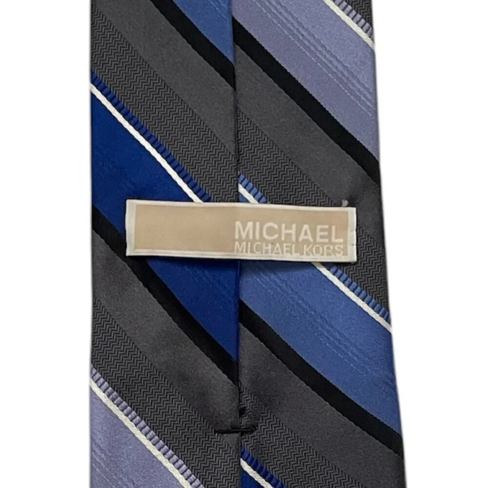 Michael Kors Neck Tie 100% Silk Striped Black/White/Blue
